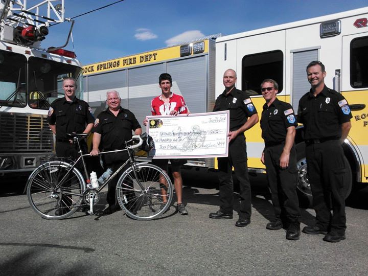 Jeffrey Moore stopped in Rock Springs for his 2014 Fire Service Tribute Ride; Moore is riding coast to coast ending in New York City for the September 11th Thirteenth Anniversary