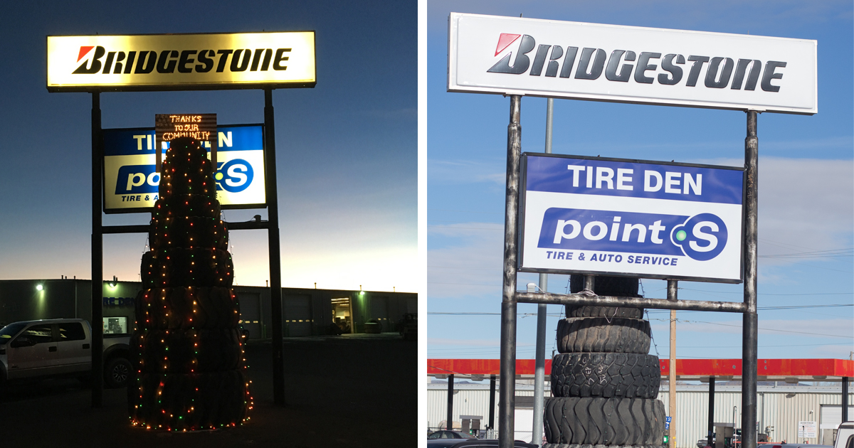 Check Out a Very Merry Lighted Tire Tree at Tire Den