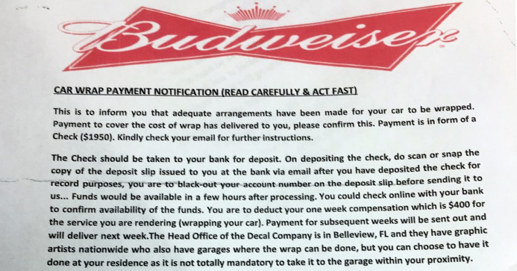 “Car Wrap” Scam Is Circulating Sweetwater County