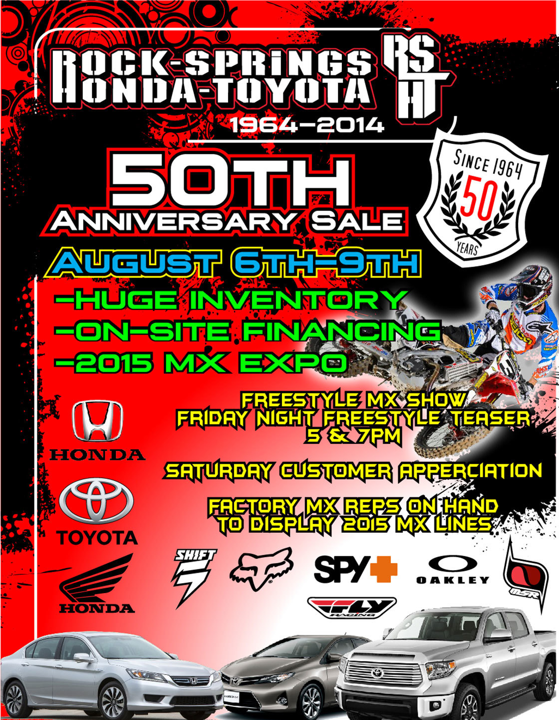 Rock Springs Honda-Toyota 50th Anniversary Celebration Going on Aug 6-9! Huge Inventory and Selection, Factory Reps, Freestyle MX and Much Much More!