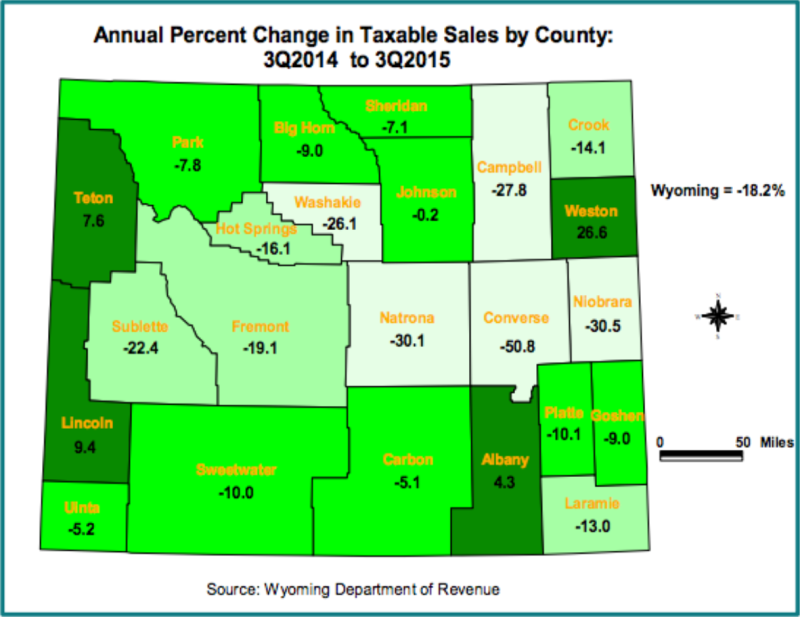 Map of Wyoming showing the change in Taxable sales by County