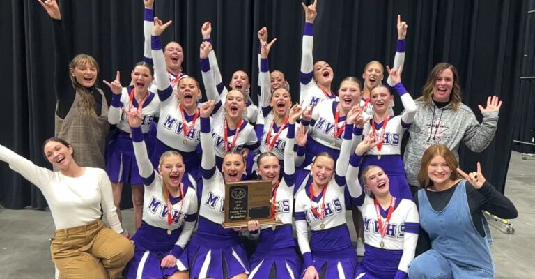 Mountain View Buffalos Cheer Squad with their first place plaque. Courtesy photo from Melissa Scott